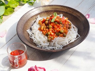 Konjac noodle pasta with mushroom tomato vegan dish for healthy
