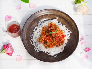 Konjac noodle pasta with mushroom tomato vegan dish for healthy