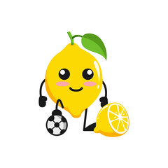 vector illustration of cute lemon fruit sport or character play football. cute lemon fruit Concept White Isolated. Flat Cartoon Style Suitable for Landing Page, Banner, Flyer, Sticker.