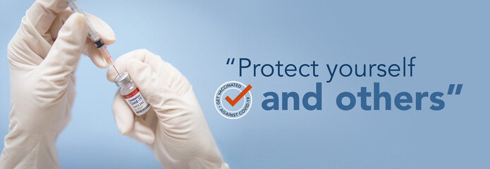 Get Vaccinated awareness concept. Doctor Hands in protective gloves holding Coronavirus 2019-nCoV Vaccine vial. Successful, Hope, Good news, Support, Donation, Priority, Fight with Covid-19 pandemic.