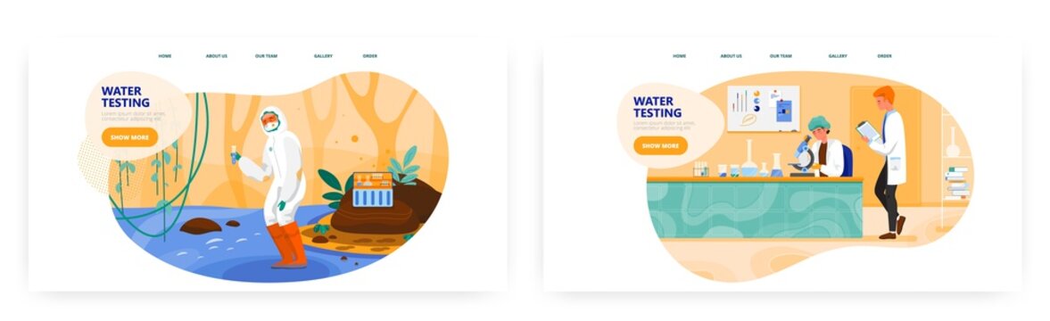 Water testing landing page design, website banner vector template set. Water quality, purity test and analysis in lab.