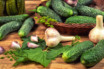 Pickles with pickles on a wooden table