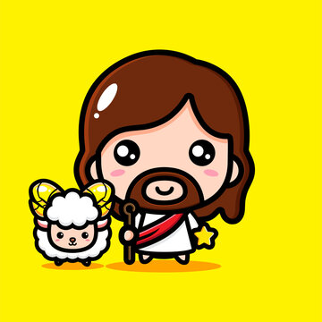 cute cartoon god jesus vector design along with sheep