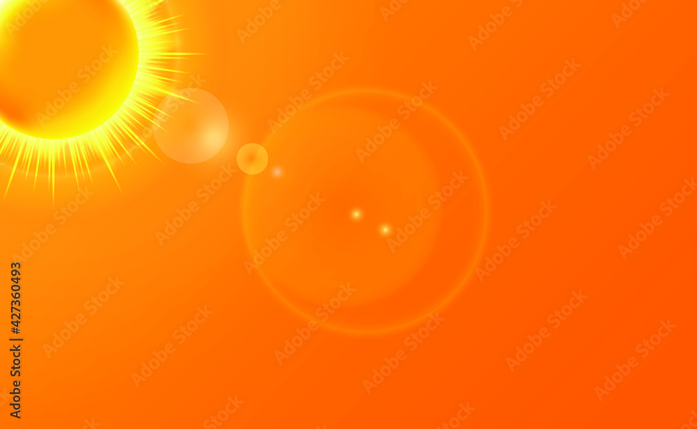 Poster sun with lens flare abstract vector summer yellow rays background. summer background with a magnific