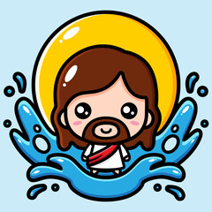 cute cartoon god jesus vector design standing on the waves of the water