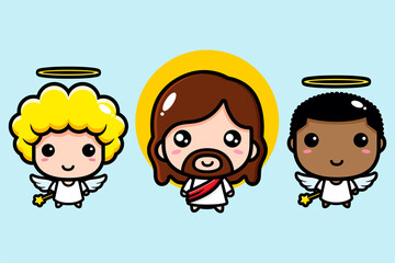 cute cartoon god jesus being an angel vector design with afro female and male angels
