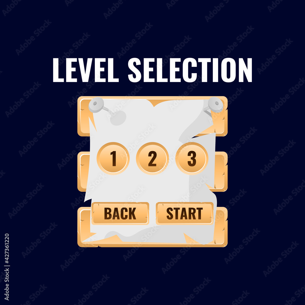 Poster wooden paper game ui level selection interface. perfect for 2d games vector illustration