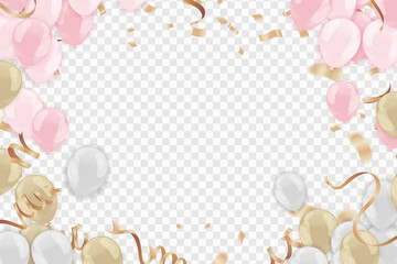 Set of pink balloons Background  with confetti helium  in the air.for birthday, anniversary, celebration,
