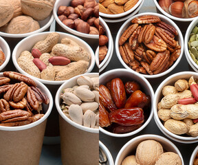 Collage of different types of nuts in ecofriendly cups high in vegan protein, vitamins and antioxidants for immune system boosting.