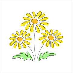 Spring dandelions bouquet vector illustration. Botanical decoration. Summer garden icon. Isolated objects on white background. Colored line art.