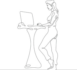 Female character at the work table in the office. Workplace laptop designer programmer manager. One continuous drawing line  logo single hand drawn art doodle isolated minimal illustration.