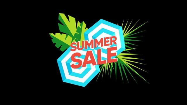 Animated text Summer Sale with tropical leaves and beach umbrellas