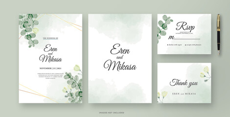 Wedding invitation card with eucalyptus leaf watercolor