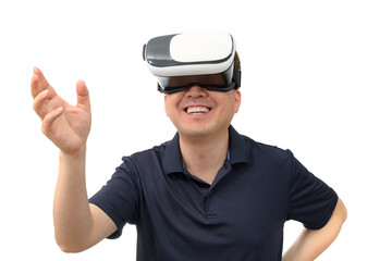 Man wearing virtual reality goggles. Studio shot, white background.