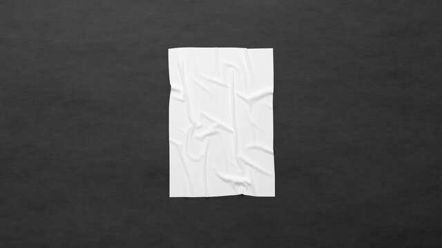 White wrinkled poster on the black concrete wall. Glued paper banner. 3D rendered mockup. © Vitaly