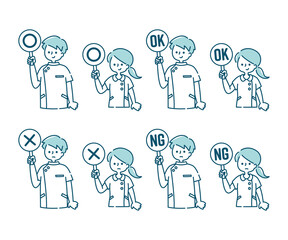 白衣を着た看護師が◯×パネルを挙げているイラスト（上半身）