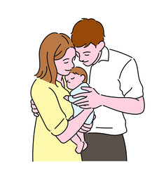 Dad and mom are happily holding their newborn baby. hand drawn style vector design illustrations. 