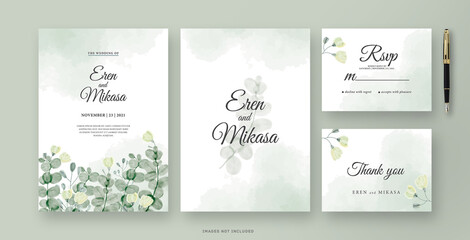 Fototapeta na wymiar Wedding invitation card with eucalyptus leaf watercolor