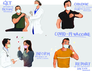 COVID-19 Vaccination Step of Actions Drawing Style Men and Women Doctor and Patient