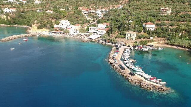 Aerial panoramic view of the beautiful coastal village Kitries near Kalamata city, Messenia