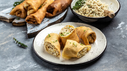 Pancakes or crepes roll with the chicken meat served on a white plate, banner, menu recipe place for text, top view