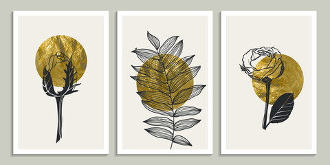 Gold botanical wall art. Set of Boho decor in earth tone with roses and branch. Mid century modern art for cover, print, wallpaper and other. Minimalistic line vector illustration with abstract shapes