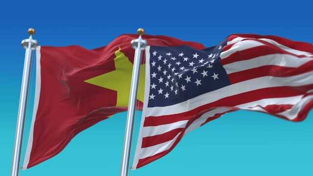 4k Seamless United States of America And Vietnam Flags with blue sky background;A fully digital rendering;The flag 3D animation loops at 20 seconds;USA US VIE VN.