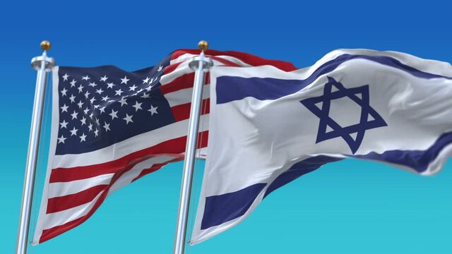 4k Seamless United States of America And Israel Flags with blue sky background;A fully digital rendering;The flag 3D animation loops at 20 seconds;USA US ISR IL.