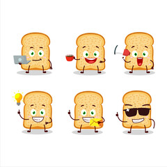 Bread toast cartoon character with various types of business emoticons