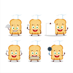 Cartoon character of bread toast with various chef emoticons