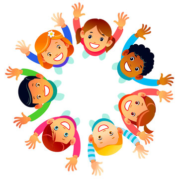 Multicultural Kids in a circle in the flowers with happy faces shoot from above lifting hands above. Happy Friendship Day greeting card illustration. Cartoon vector illustration isolated background