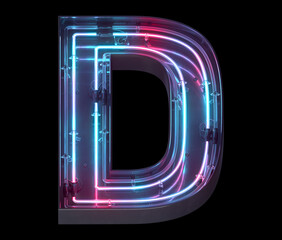 Metal neon mirror font. Ultraviolet light. Letter D. 