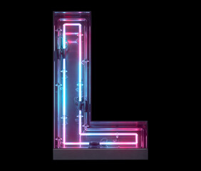 Metal neon mirror font. Ultraviolet light. Letter L. 