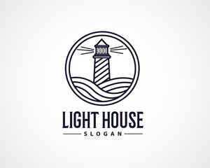 circle light house line art logo design illustration