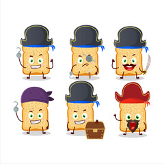 Cartoon character of bread toast with various pirates emoticons