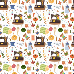 Sewing Kit seamless pattern. Needlework concept. Various sewing tools. 