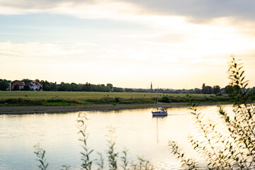 Small sailboat sails along the calm Elbe river next to green wild coast on a sunny day at sunset in the city of Dresden