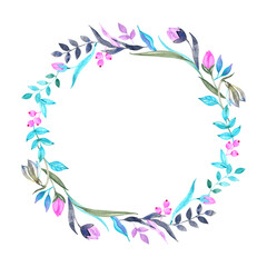 Fototapeta na wymiar Watercolor floral wreath with leaves and branches. Hand drawn artistic frame isolated on white background.