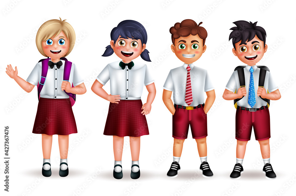 Aufkleber school character vector set. back to school student 3d characters in friendly pose and gestures wear