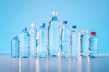 Different Polycarbonate Plastic Bottles Of Mineral Water On Blue Background.