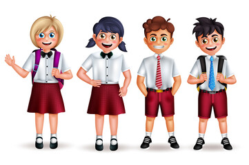 School character vector set. Back to school student 3d characters in friendly pose and gestures wearing uniform isolated in white background for educational design. Vector illustration 
