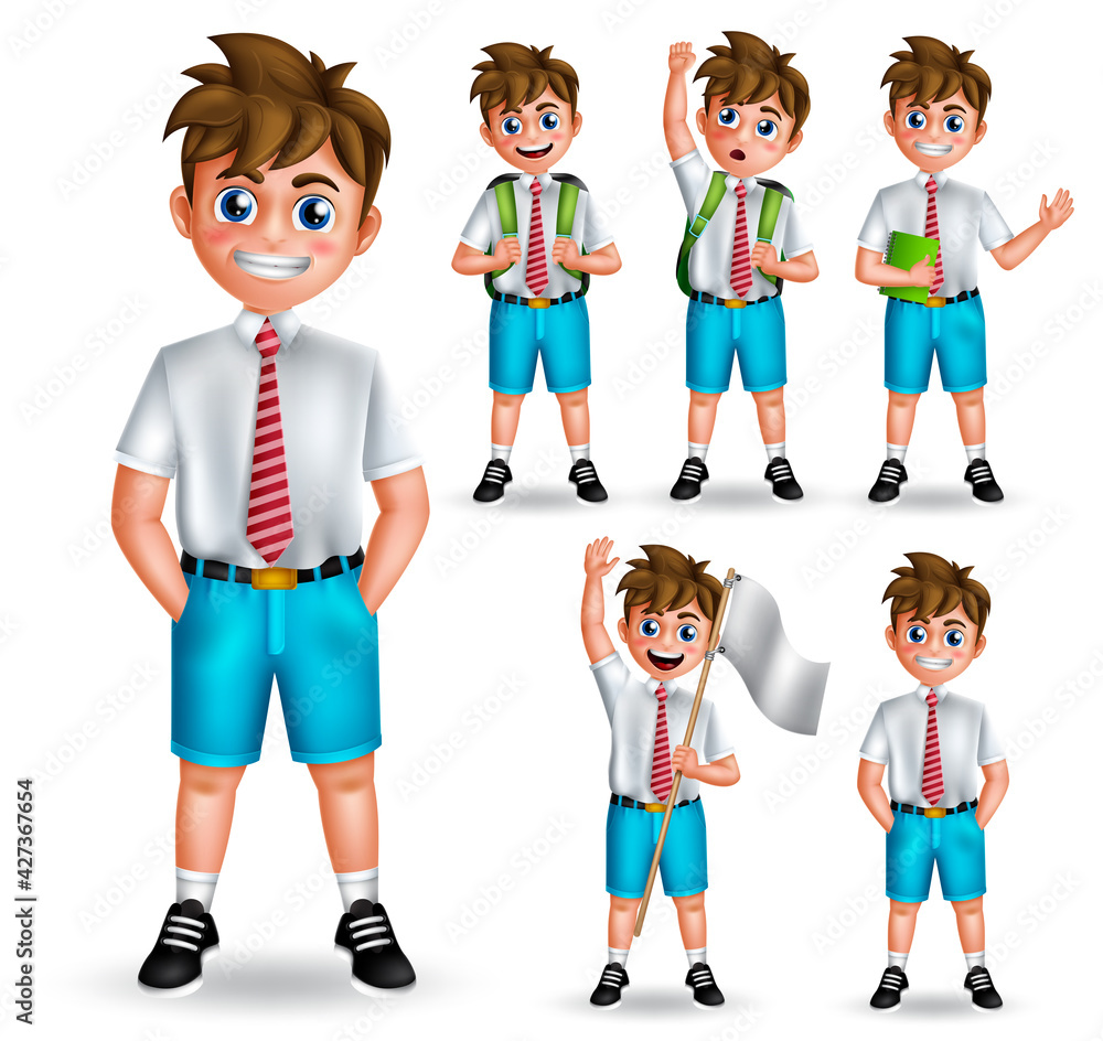 Poster school male character vector set. back to school boy characters isolated in white background with st