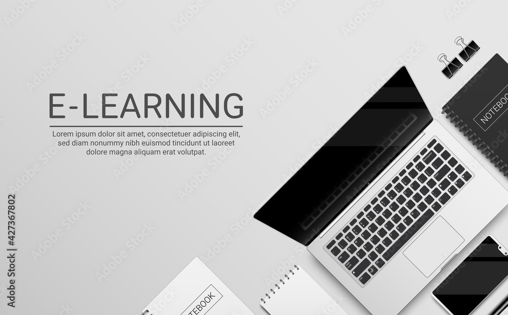 Poster e-learning online school vector banner design. e-learning text in white background with laptop and p