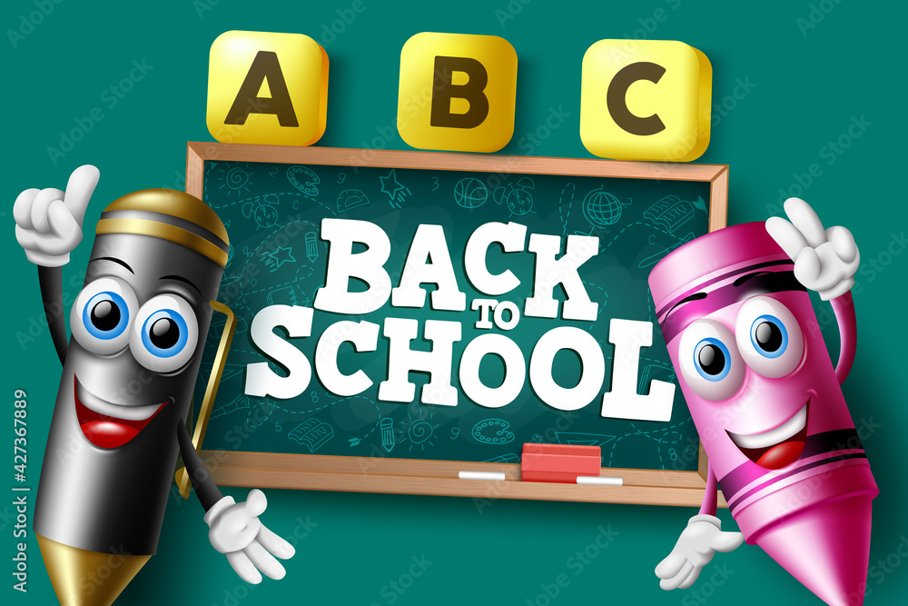 Poster back to school characters vector banner background. back to school text in chalkboard element with f
