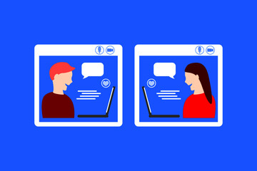 Men and women communicate with video calling through computers flat vector.