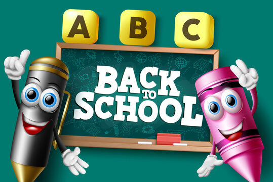 Back to school characters vector banner background. Back to school text in chalkboard element with friendly crayon and pencil 3d character for kid educational study design. Vector illustration
