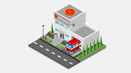 Obraz premium A modern fire station building in an isometric projection. There's a fire truck in the garage. Vector illustration.