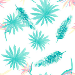 Fototapeta na wymiar Cobalt Pattern Background. White Seamless Background. Blue Tropical Nature. Navy Flower Palm. Indigo Floral Vintage. Wallpaper Palm. Decoration Palm.
