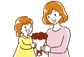 母の日に母親にカーネーションの花束を渡す女の子の子どもの線画のイラスト