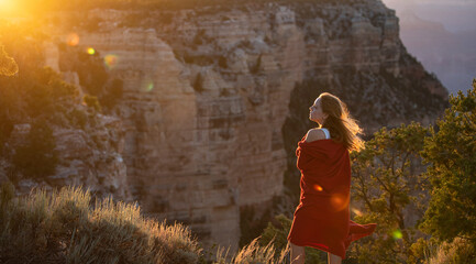 Happiness and freedom enjoy. Life winner. Carefree woman at cliff. Successful female.